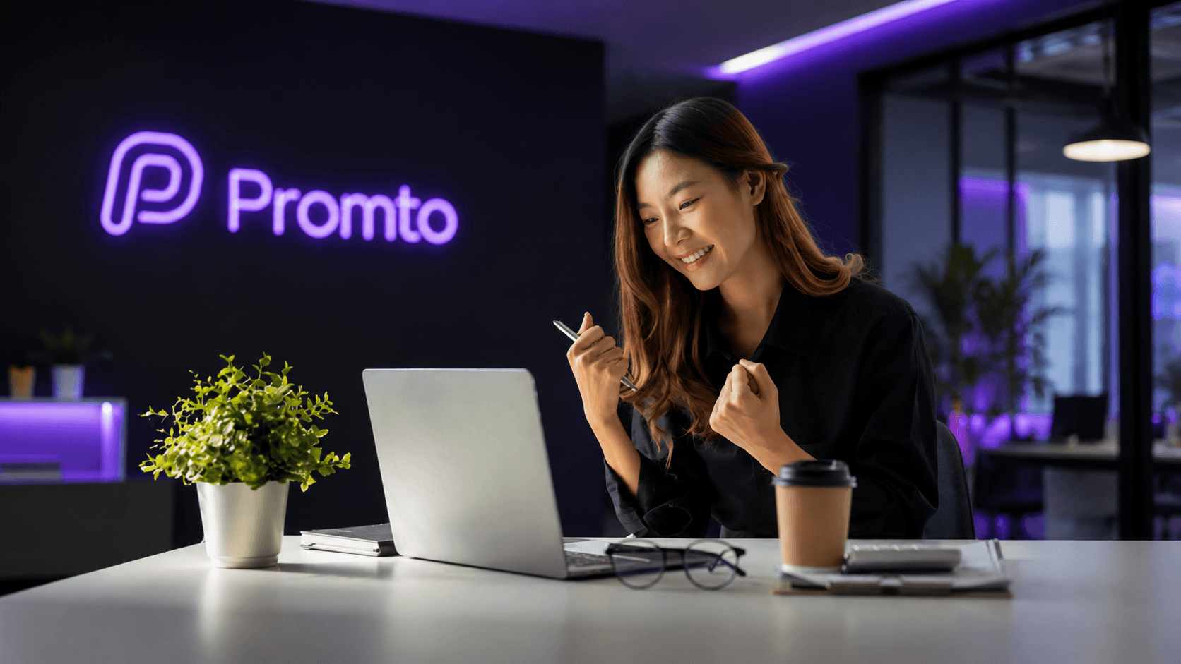 Profissional celebrando um resultado em frente ao notebook